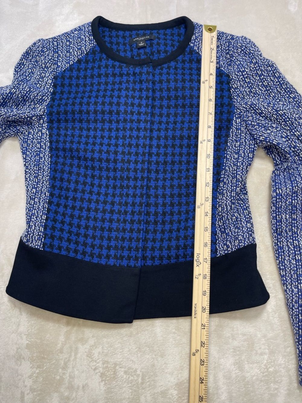 Ann Taylor Blue Houndstooth Tweed Crop Jacket Blazer Size 2 - Picture 6 of 6